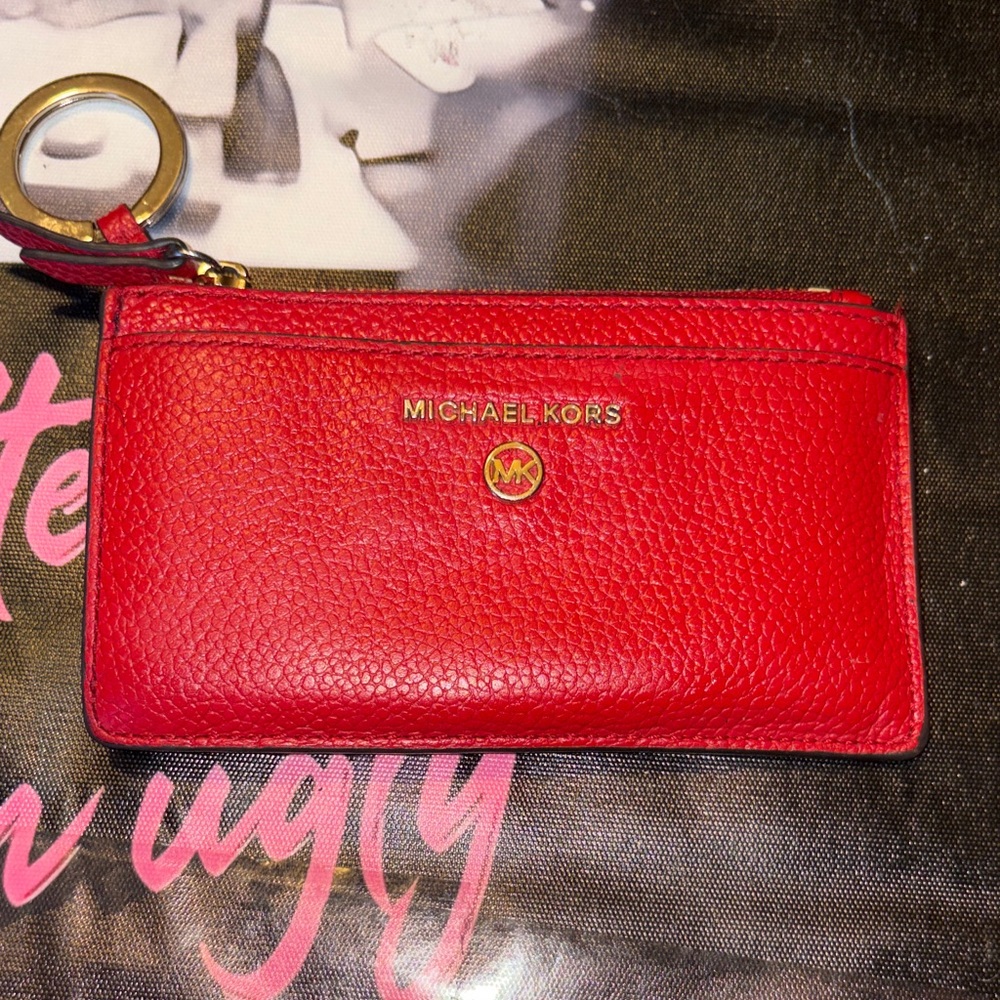 Michael Kors Red Pebbled Leather Card Wallet Key Ring
